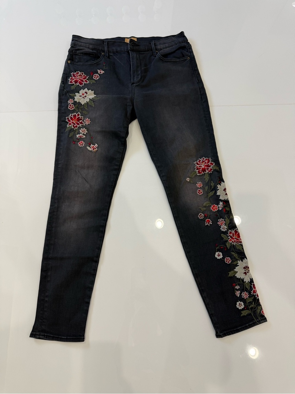 DRIFTWOOD Black Skinny Jeans with Red & White Floral Embroidery